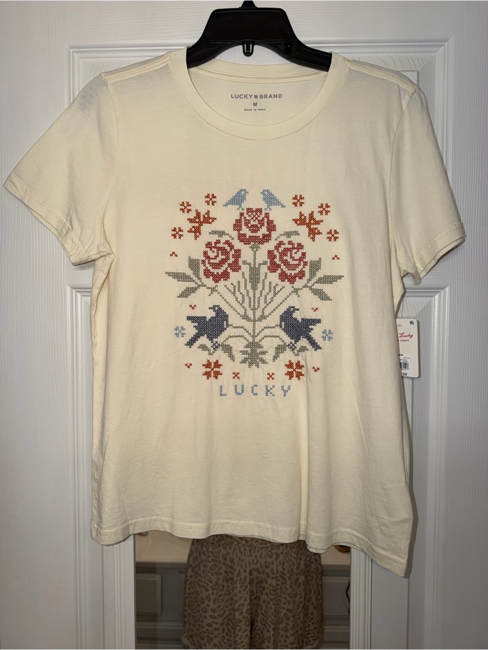 Lucky Brand Women's Cross Stitch Floral Crewneck T-Shirt NWT
